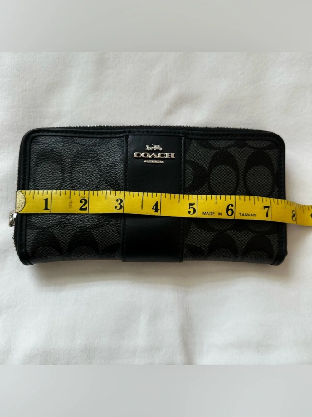COACH Signature C Black Charcoal Canvas Leather Accordion Zip Around Wallet Long